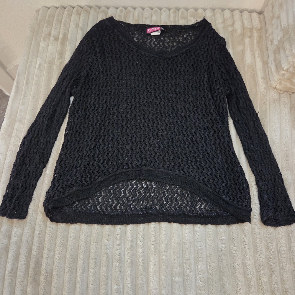 SAY WHAT? Crochet knit Sweater Top Large Black sheer Scoop neck Boho Summer Chic